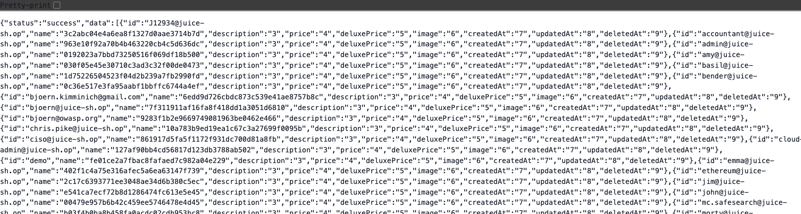 Juice Shop search response with the whole Users table injected as fake products: emails in the id field, MD5 password hashes in the name field